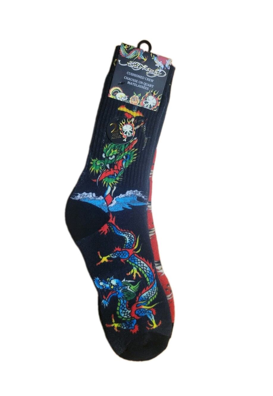 Ed Hardy 2-Pair Cushioned Crew Socks Shoe Size M 6-12, W 7.5 -13.5 Dragon